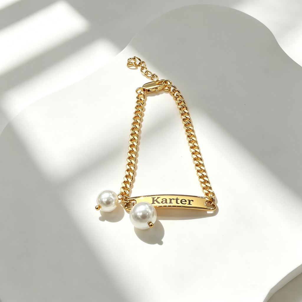 Engravable Name Children's Bracelet with Two Pearl Charms