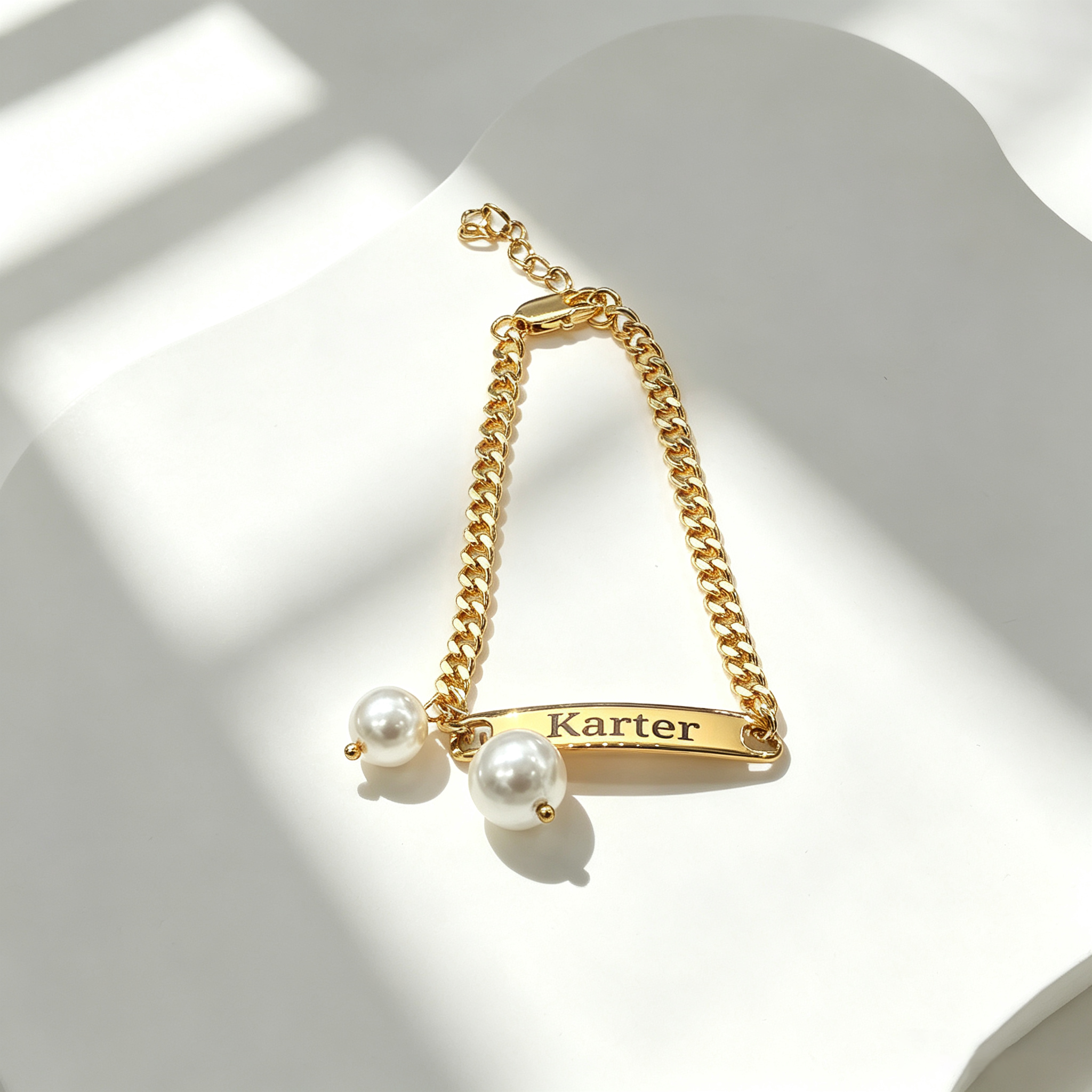 Engravable Name Children's Bracelet with Two Pearl Charms