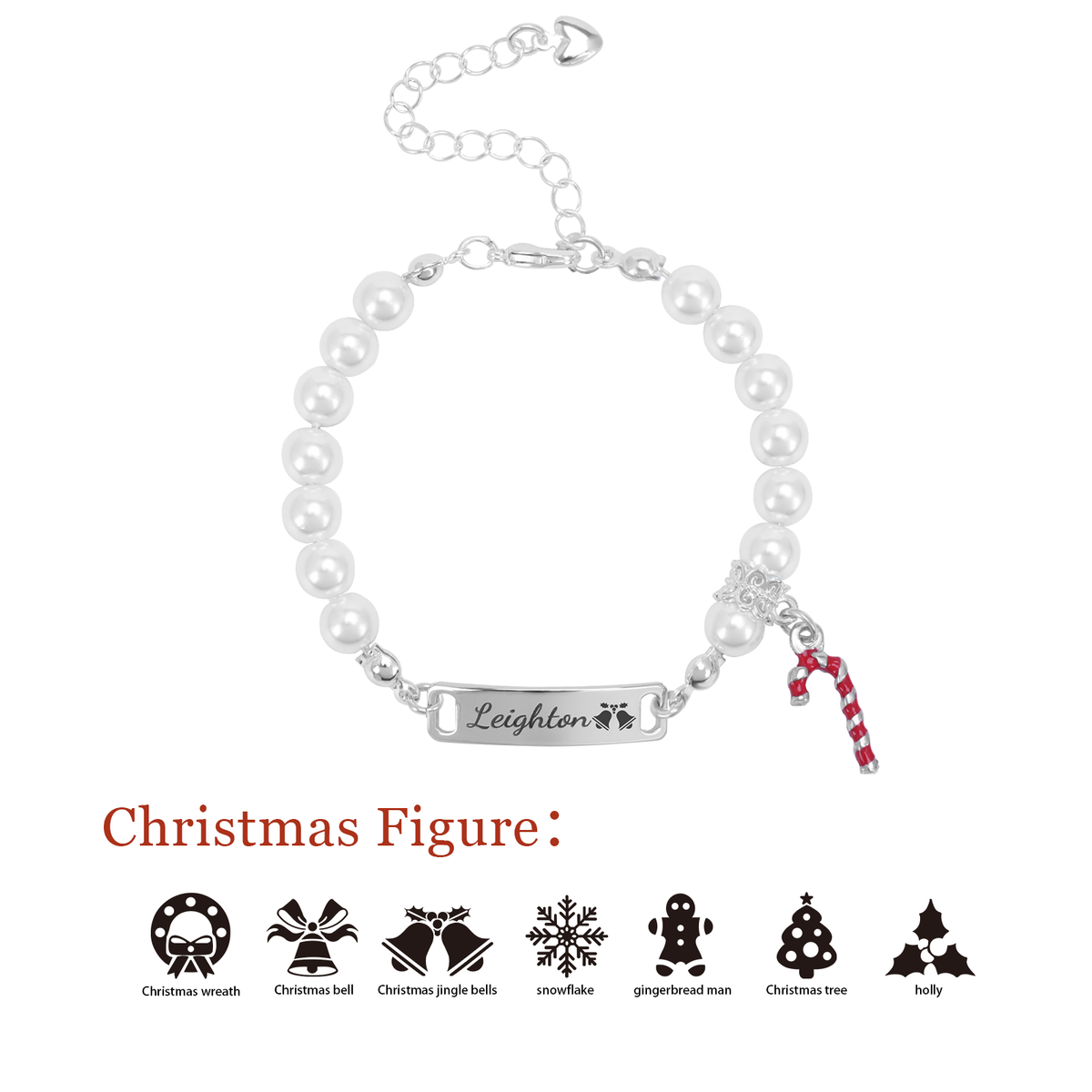 Baby’s First Christmas Pearl Name Bracelet with Candy Cane