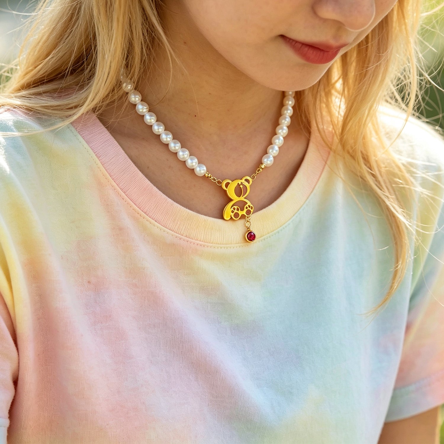 Personalized Birthstone Pearl Bear Pendant Necklace