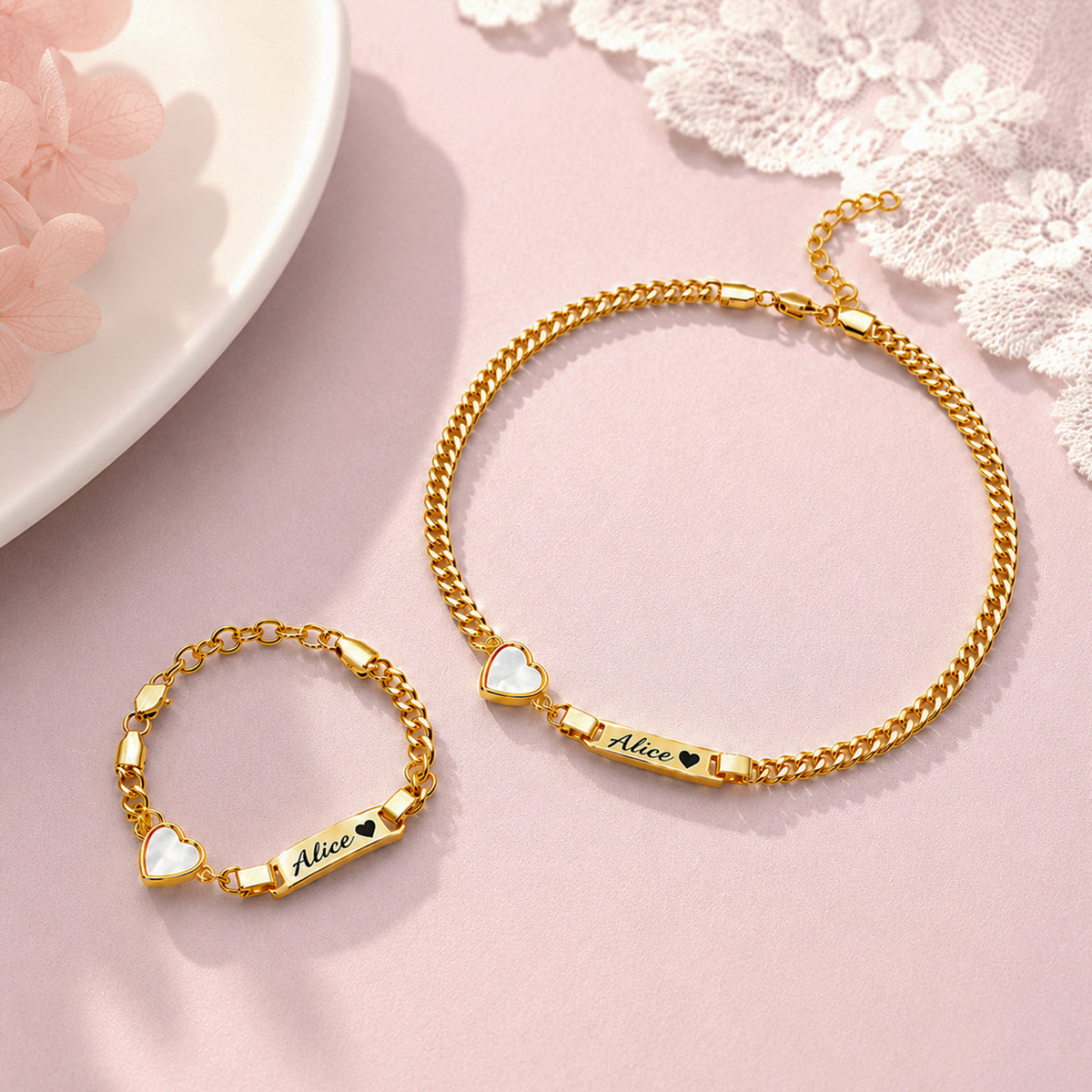 Personalized Name Cuban Link Bracelet and Necklace with Shell Charm