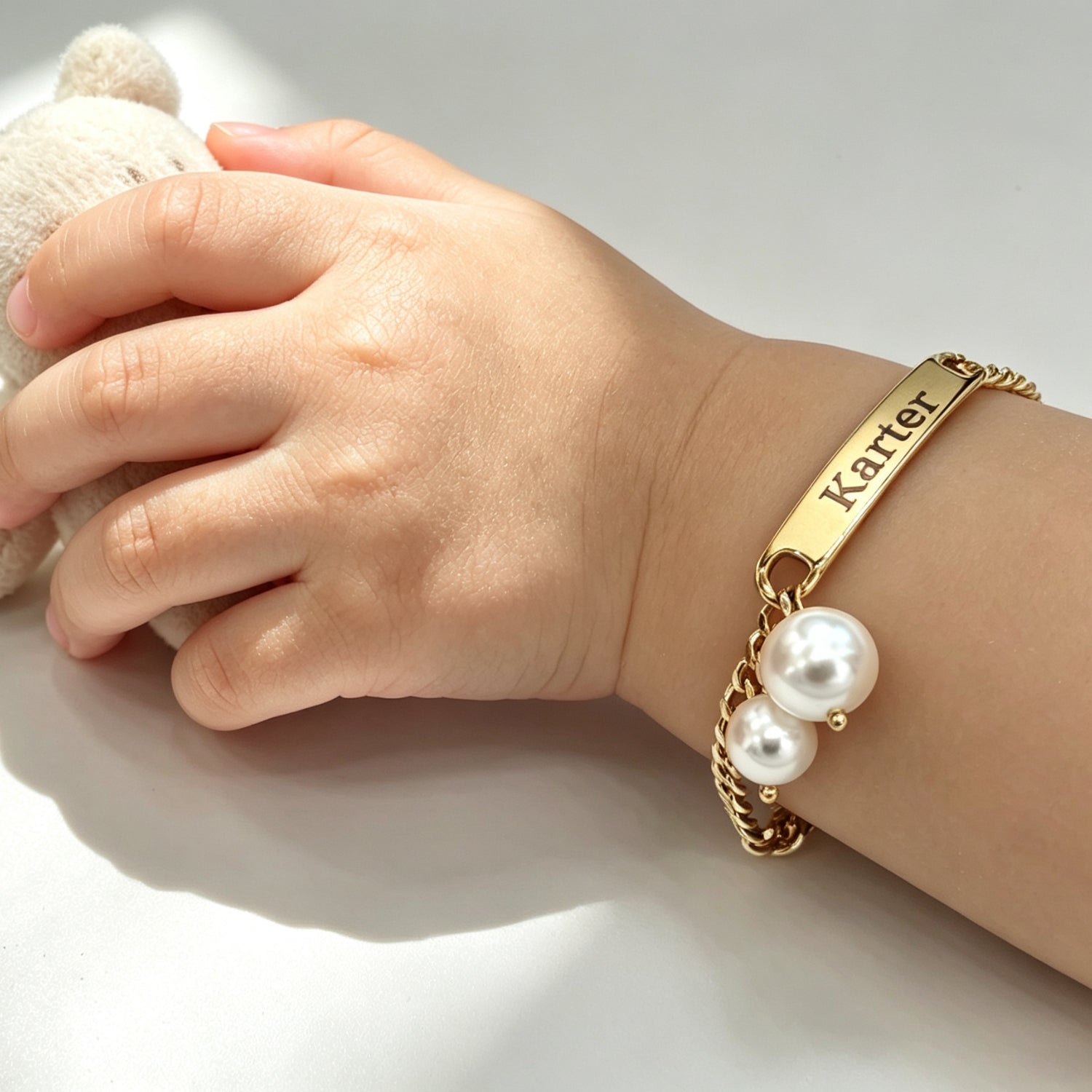 Engravable Name Children's Bracelet with Two Pearl Charms