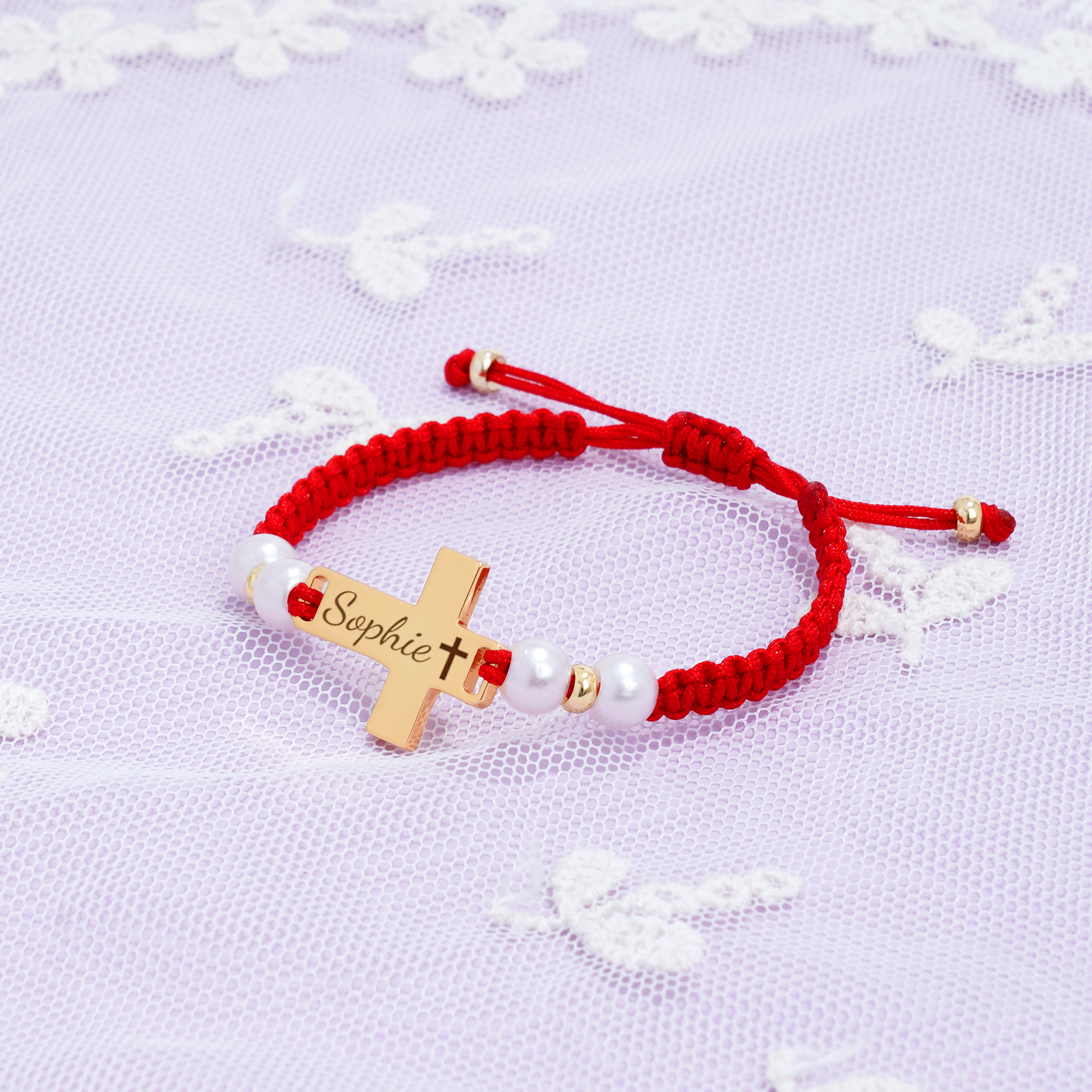 Hand Braided Red Rope Personalized Baby Name Cross Bracelet