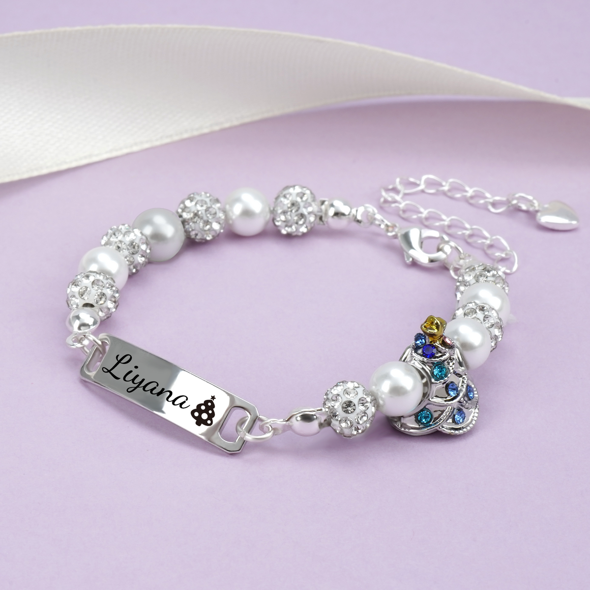 Personalized Christmas Tree Pearl Name Bracelet