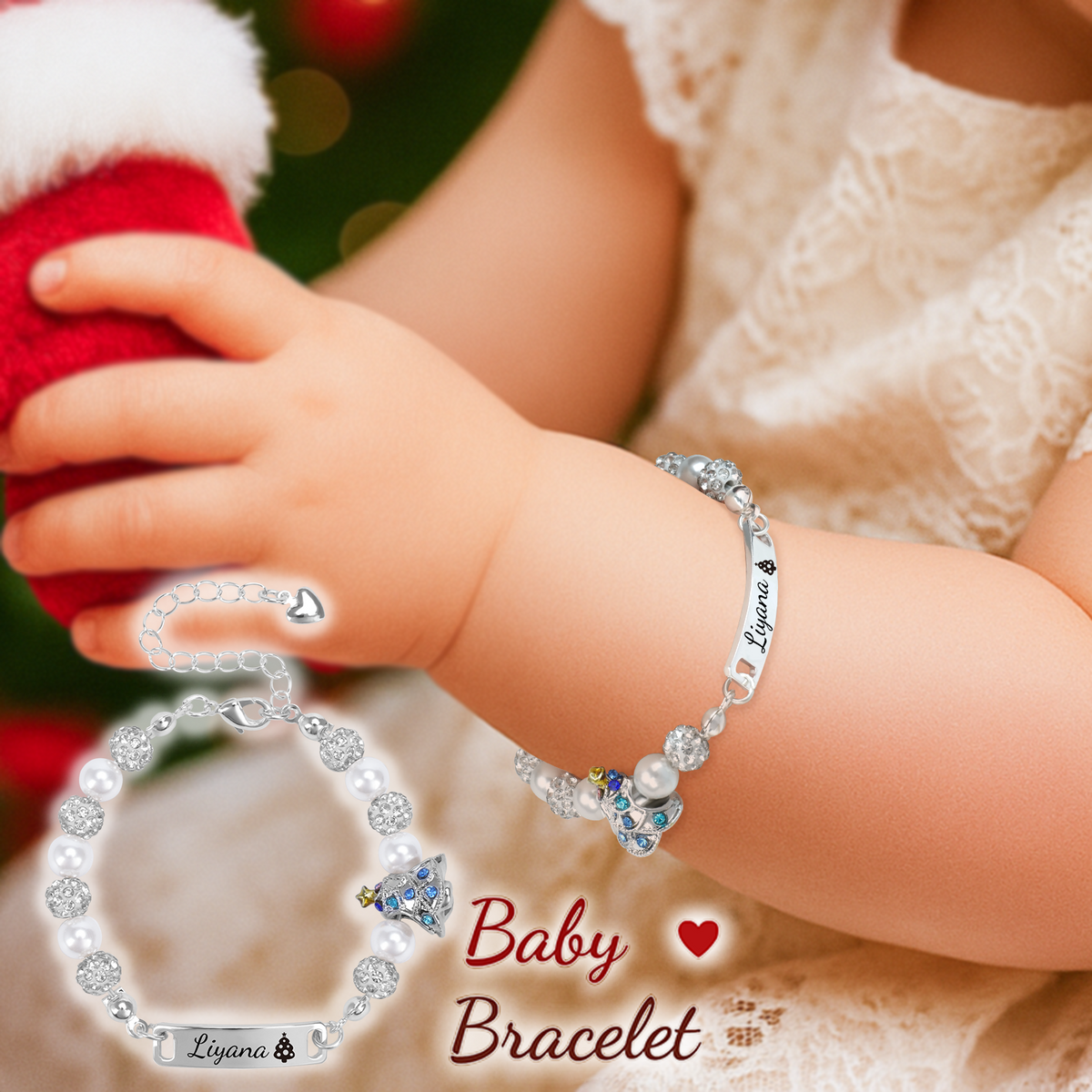 Personalized Christmas Tree Pearl Name Bracelet