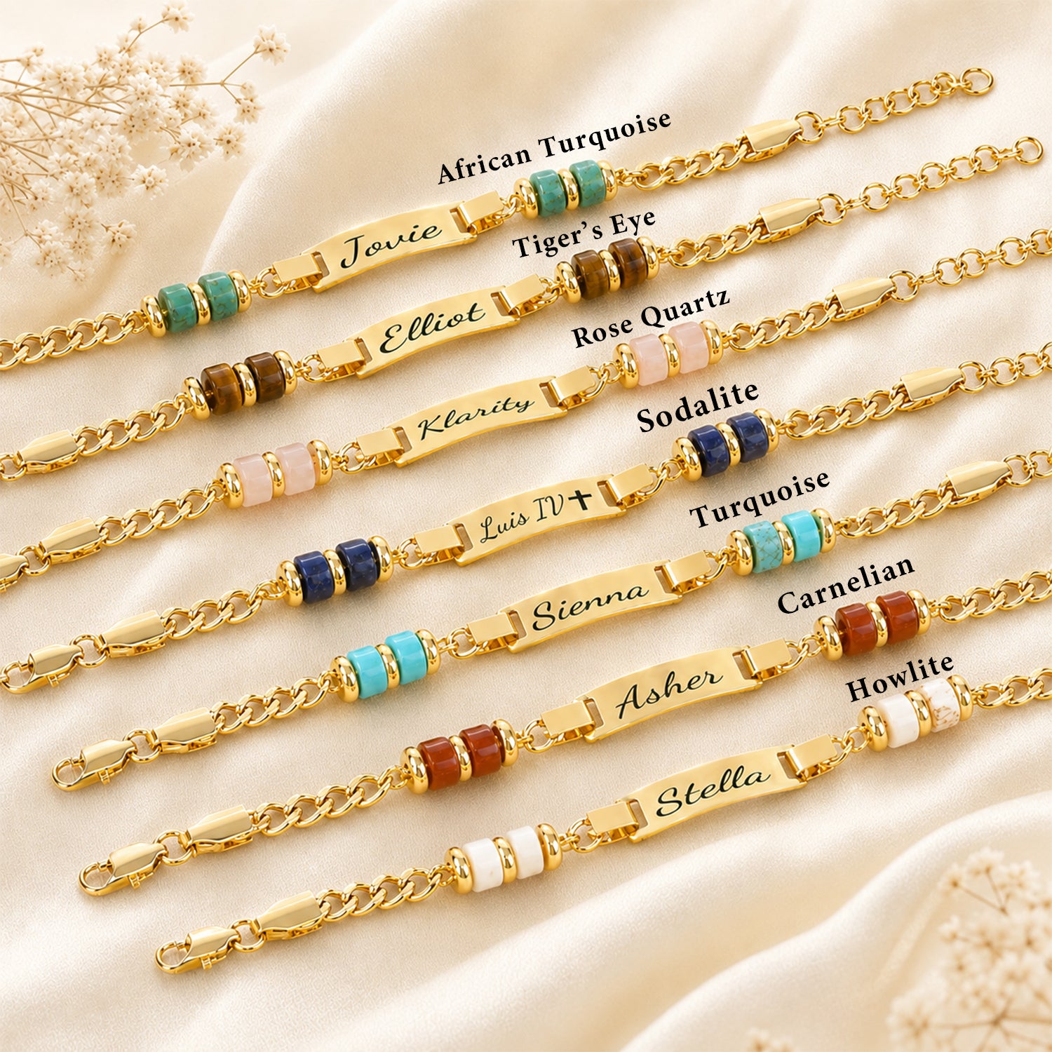 Custom Name Plate Bracelet and Necklace with Natural Stone Charms for Mom and Baby