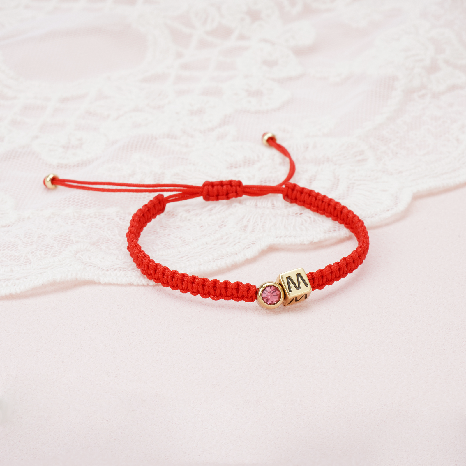 Personalized Red Cord Baby Initial & Birthstone Bracelet