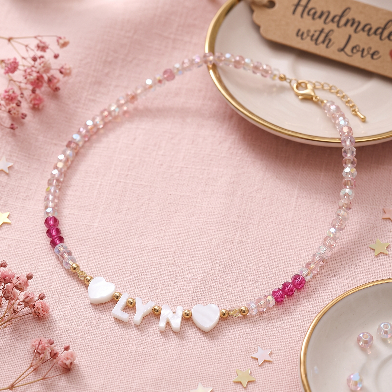Personalized Name Necklace with Mother of Pearl Letter Beads for Girls