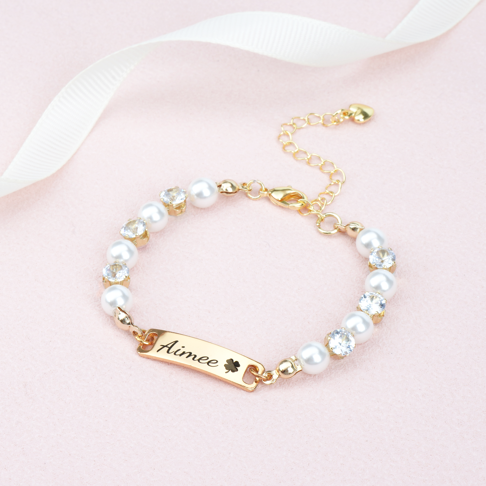 Personalized Kids Pearl & CZ Nameplate Bracelet