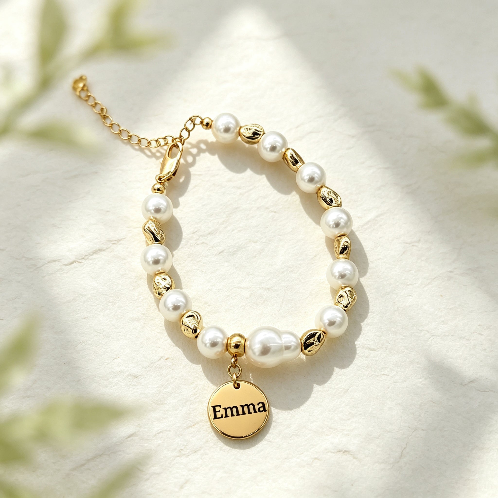 Baroque Pearl Engraved Name Disc Charm Girls Bracelet
