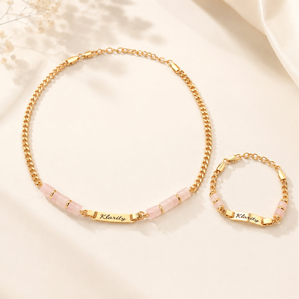 Custom Name Plate Bracelet and Necklace with Natural Stone Charms for Mom and Baby