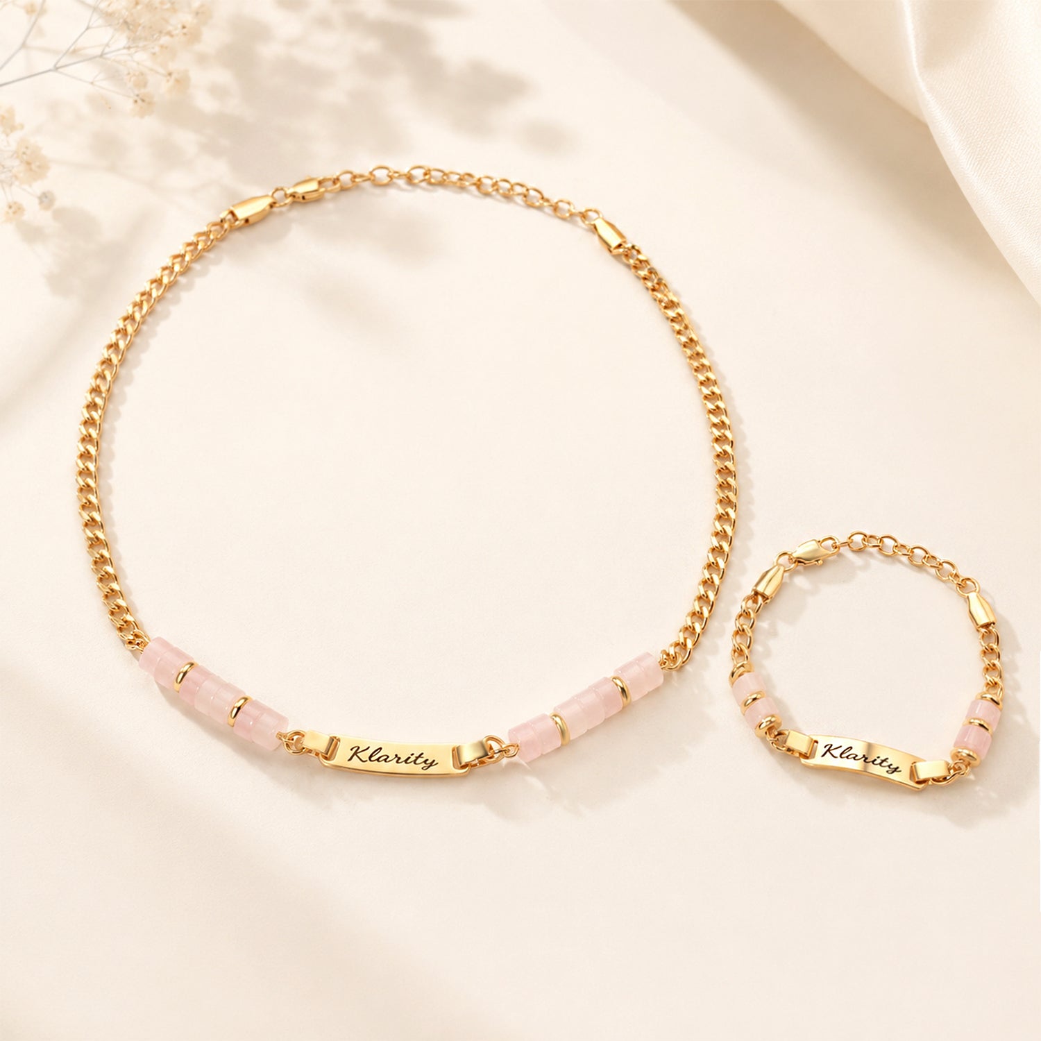 Custom Name Plate Bracelet and Necklace with Natural Stone Charms for Mom and Baby