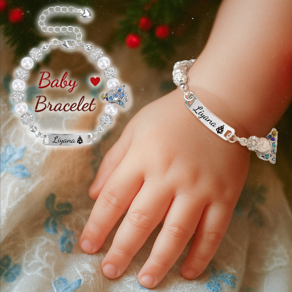 Personalized Christmas Tree Pearl Name Bracelet