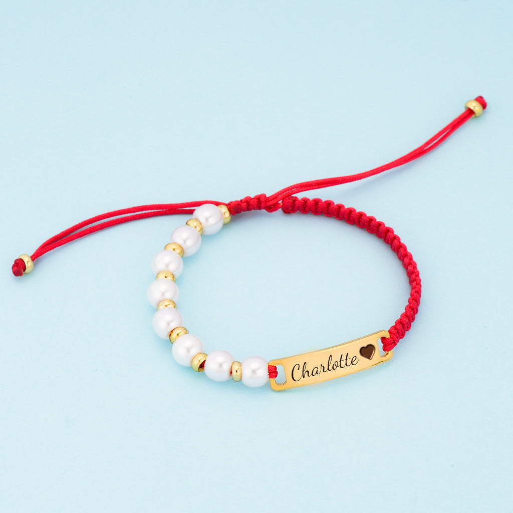 Personalized Red Cord and Pearl Name Bracelet