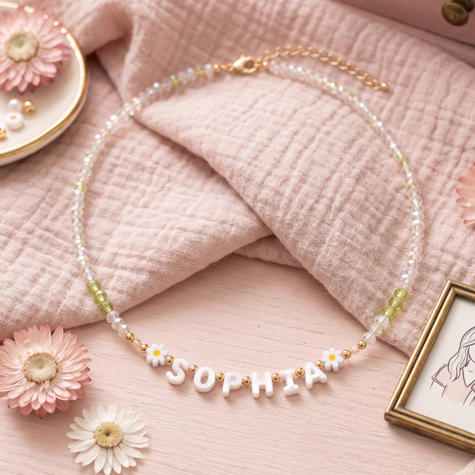 Personalized Name Necklace with Mother of Pearl Letter Beads for Girls