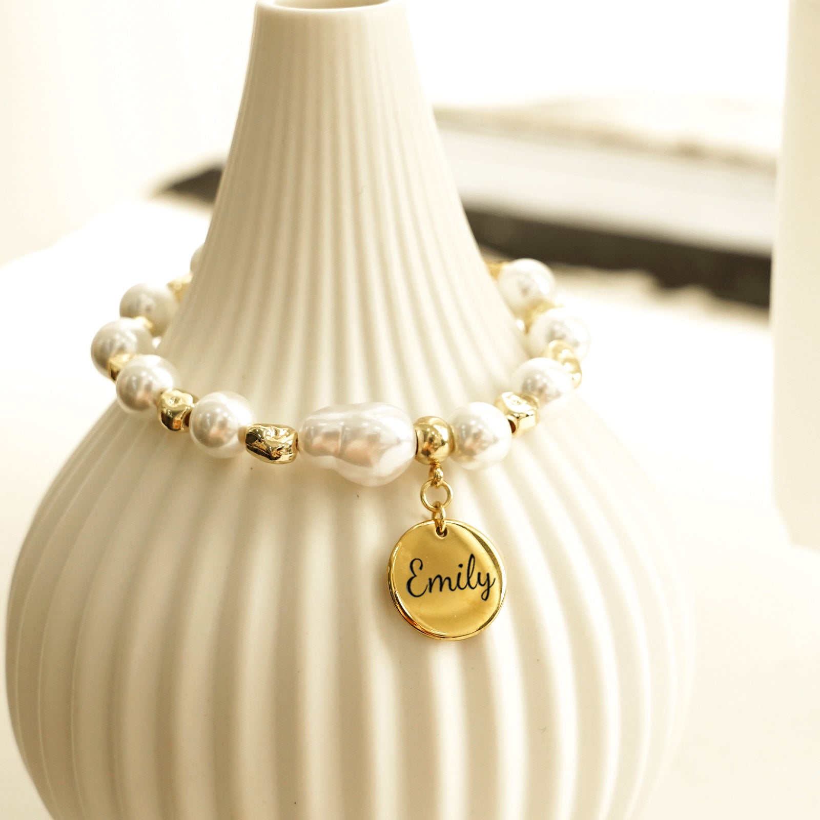 Baroque Pearl Engraved Name Disc Charm Girls Bracelet