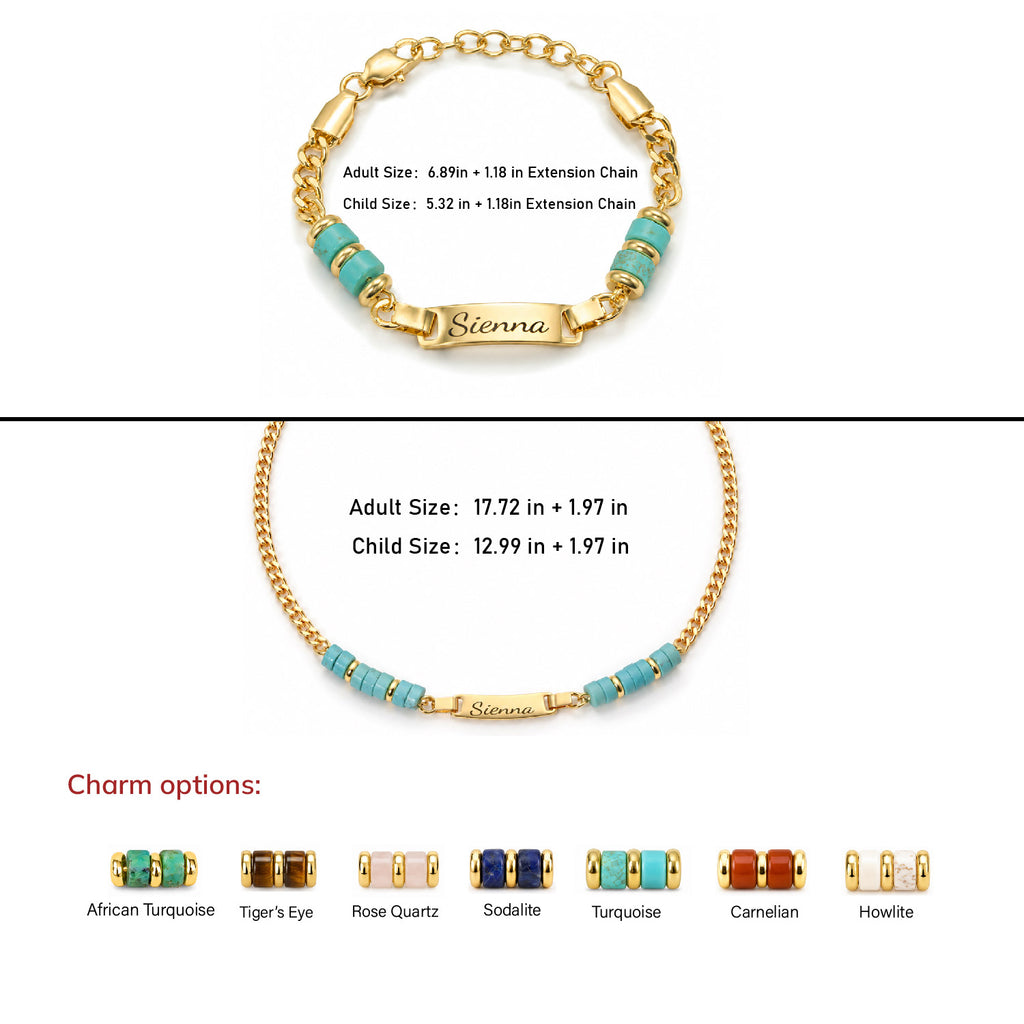 Custom Name Plate Bracelet and Necklace with Natural Stone Charms for Mom and Baby
