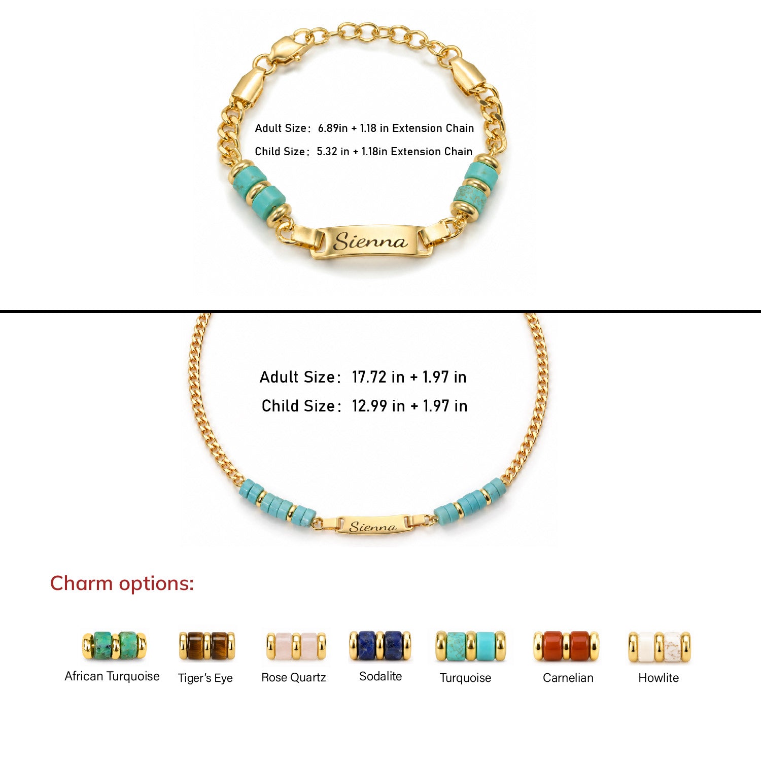 Custom Name Plate Bracelet and Necklace with Natural Stone Charms for Mom and Baby