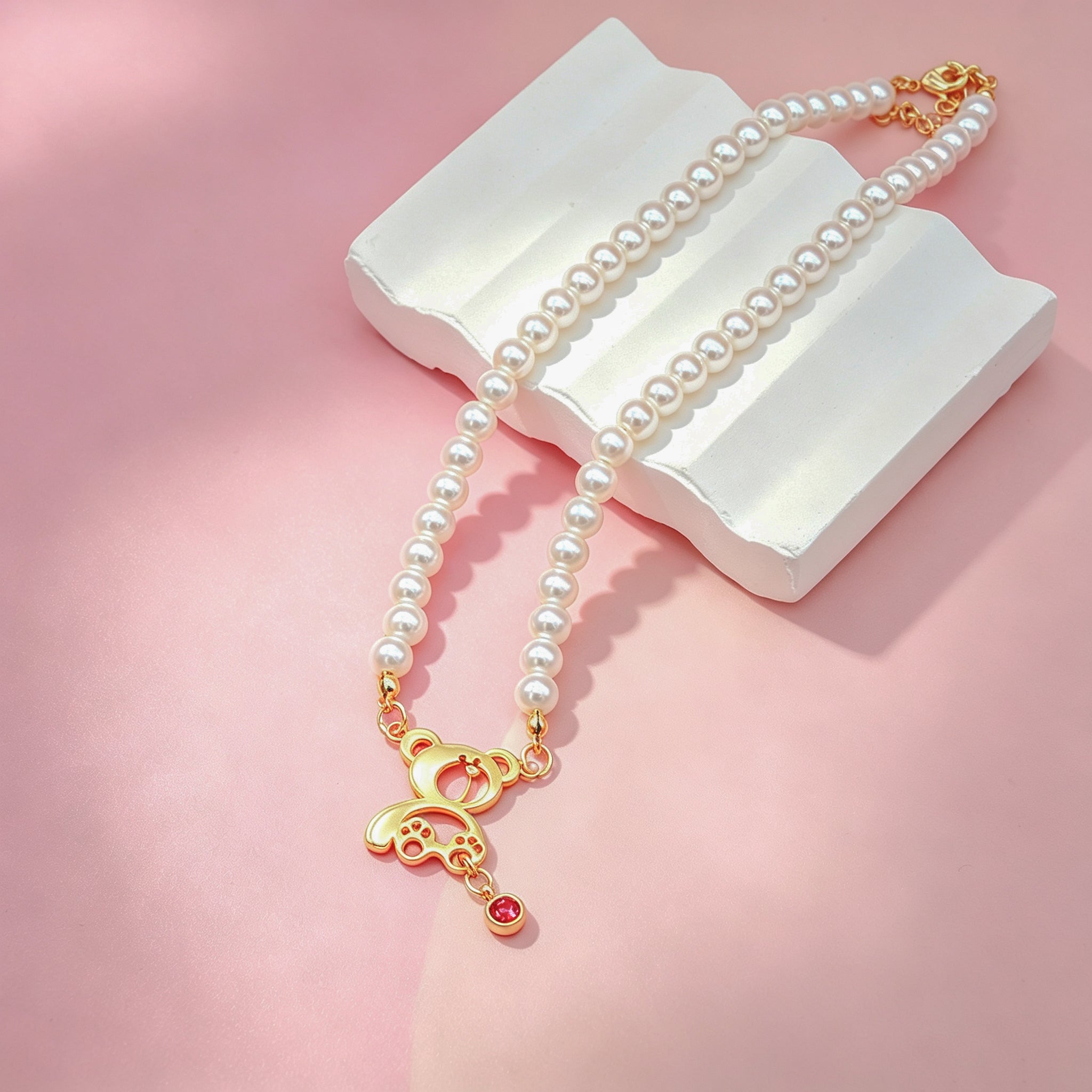 Personalized Birthstone Pearl Bear Pendant Necklace