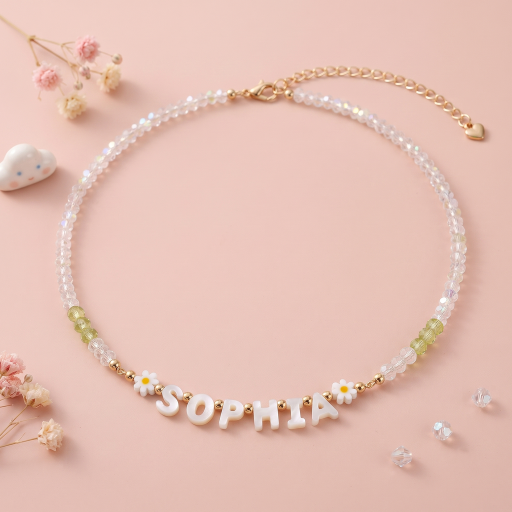 Collier Prénom Personnalisé avec Perles Lettres en Nacre pour Filles