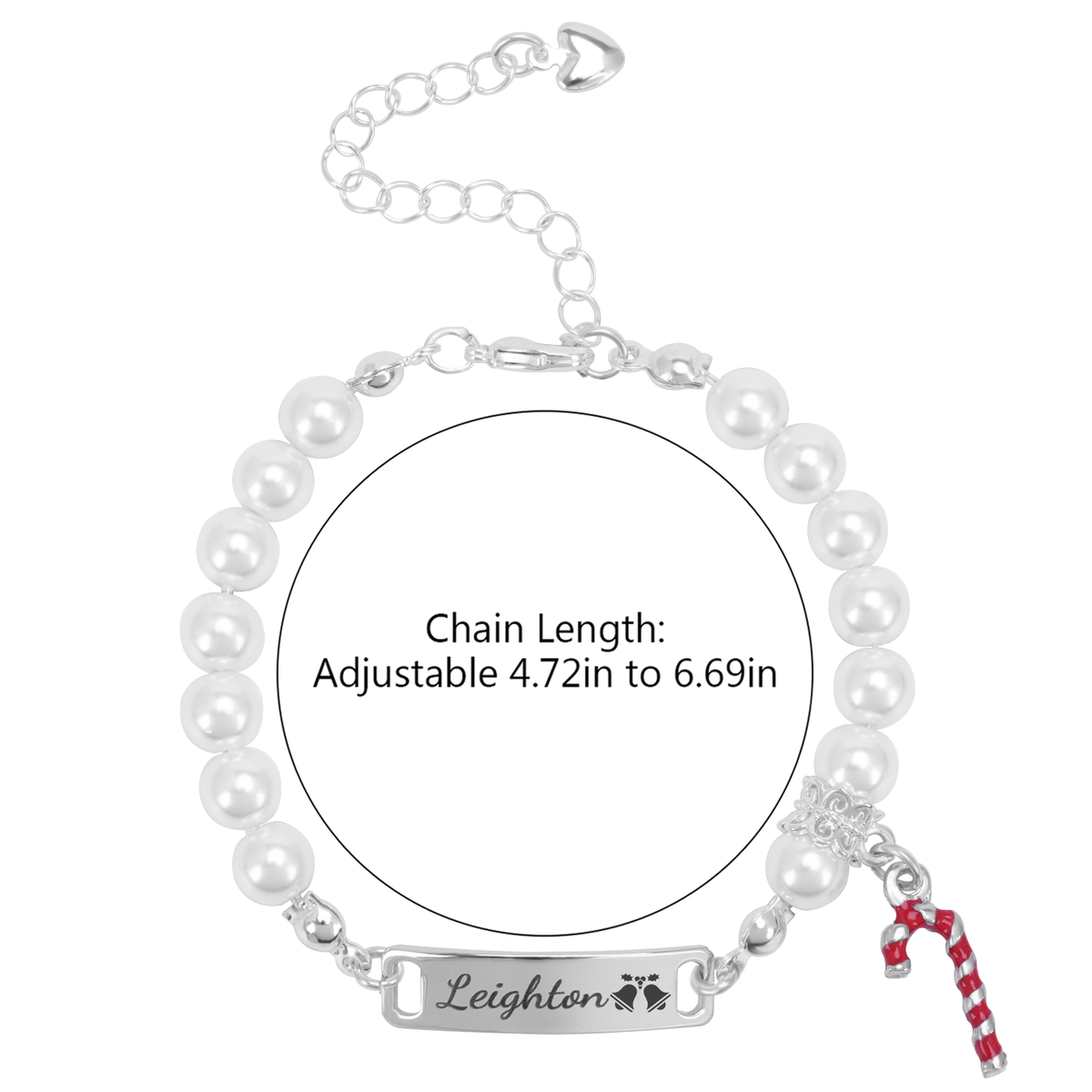 Baby’s First Christmas Pearl Name Bracelet with Candy Cane