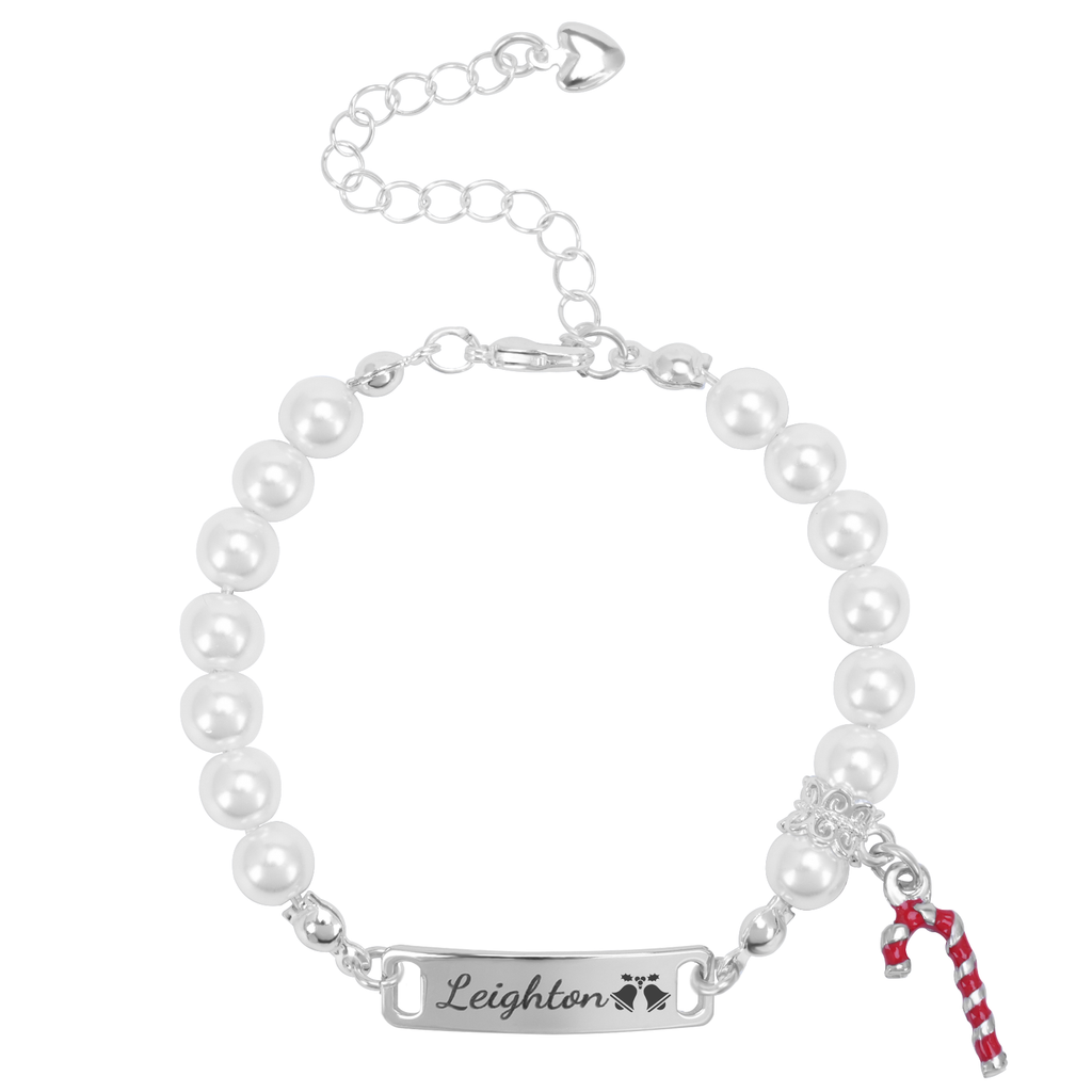 Baby’s First Christmas Pearl Name Bracelet with Candy Cane
