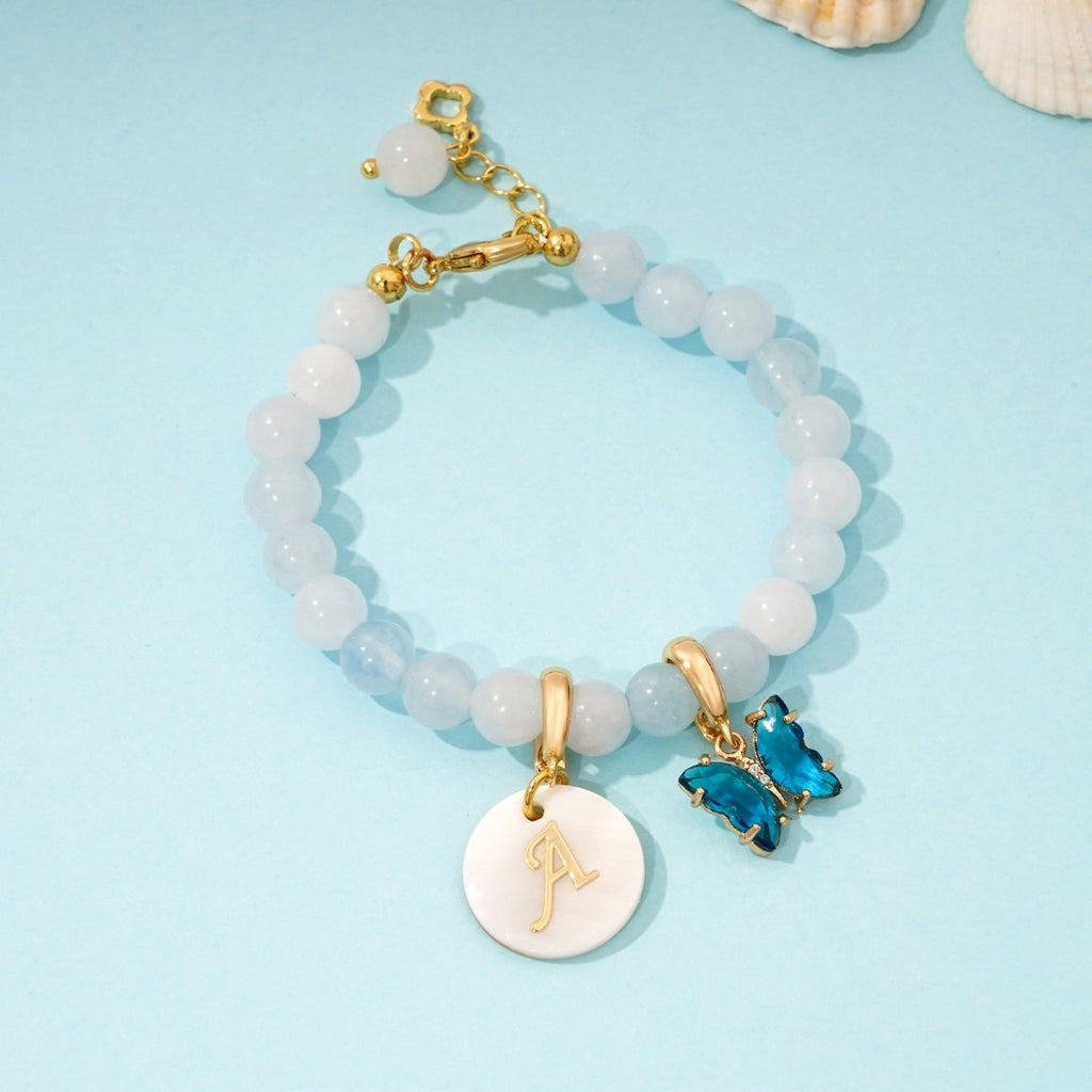 Aquamarine Personalized Baby Girls Initial and Birthstone Bracelet - Glaxias