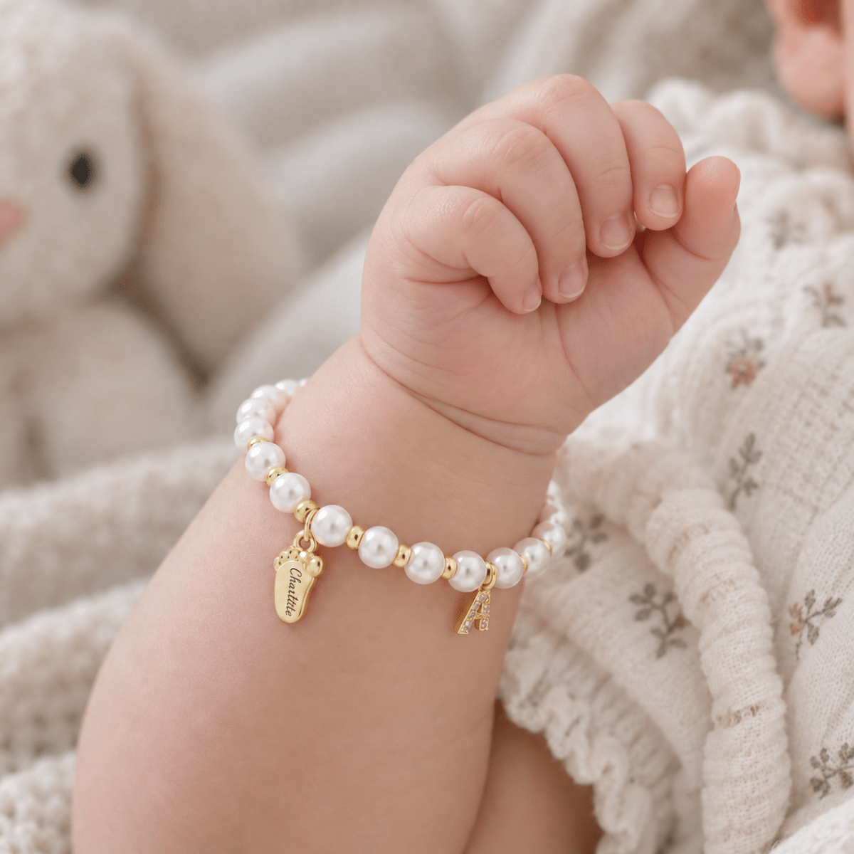 Baby Keepsake Pearl Bracelet with Name Foot and Initial Charm - Glaxias
