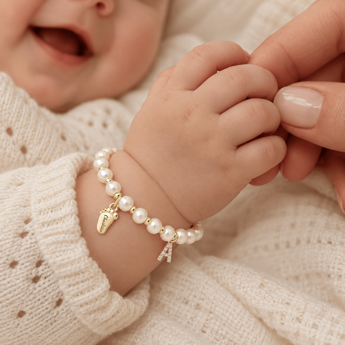 Baby Keepsake Pearl Bracelet with Name Foot and Initial Charm - Glaxias