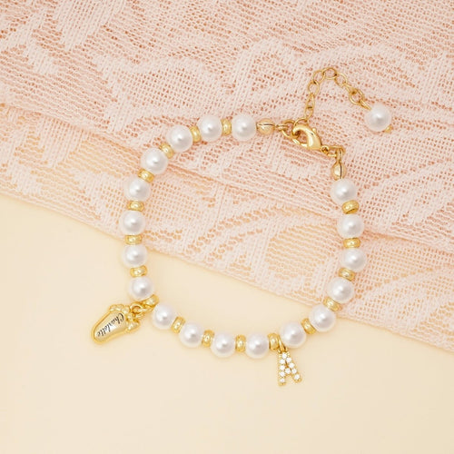 Baby Keepsake Pearl Bracelet with Name Foot and Initial Charm - Glaxias
