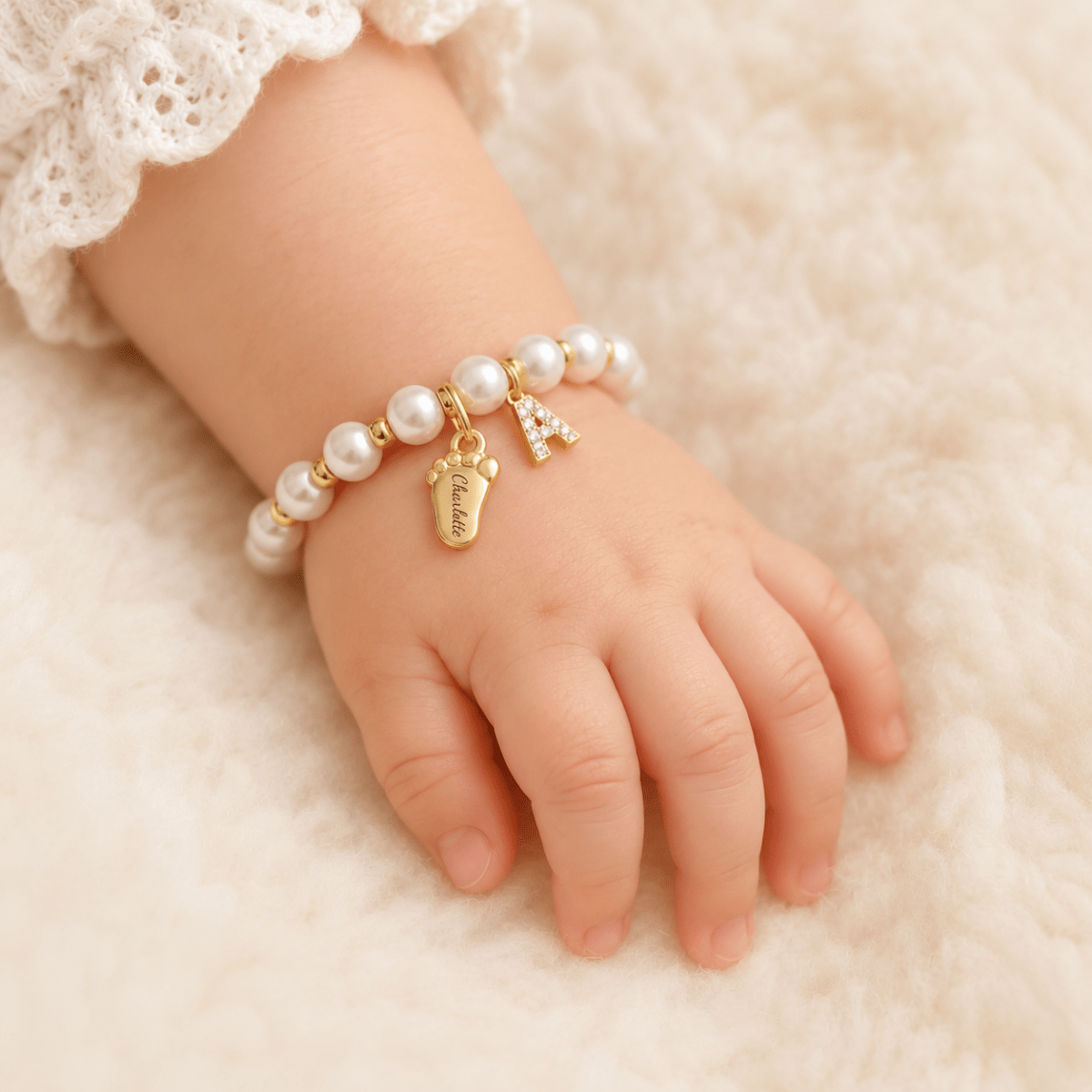 Baby Keepsake Pearl Bracelet with Name Foot and Initial Charm - Glaxias