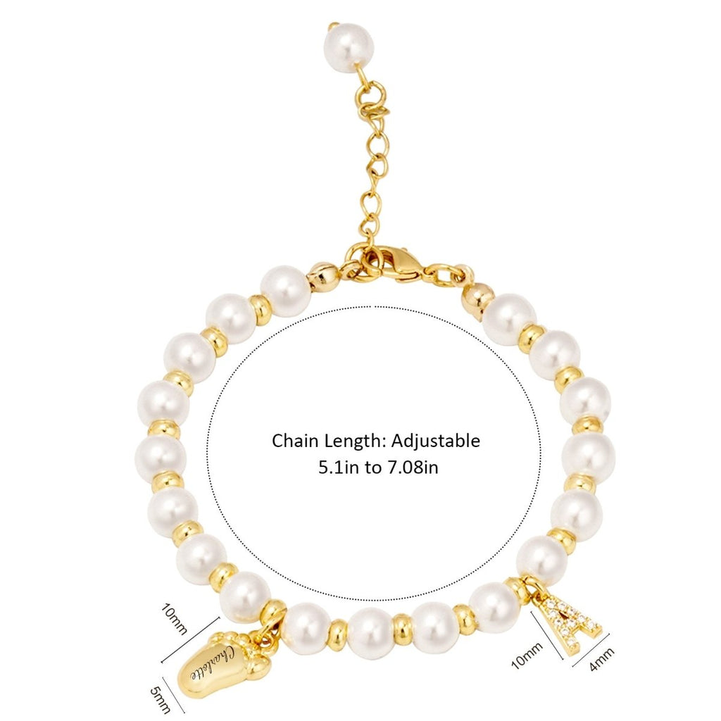 Baby Keepsake Pearl Bracelet with Name Foot and Initial Charm - Glaxias