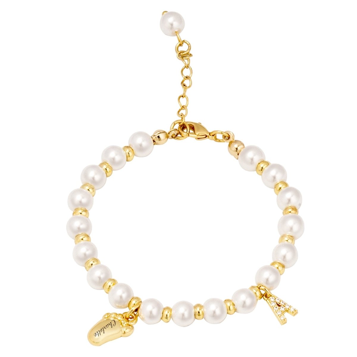 Baby Keepsake Pearl Bracelet with Name Foot and Initial Charm - Glaxias