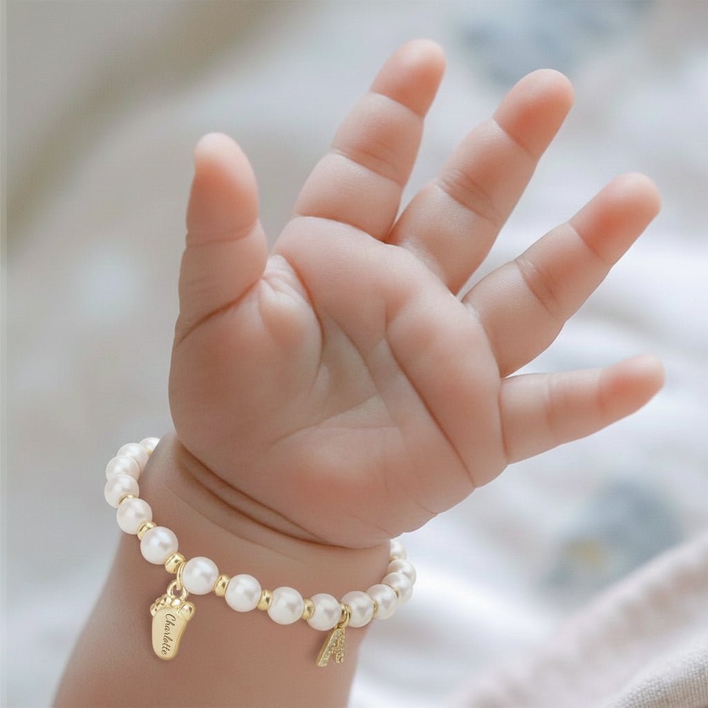 Baby Keepsake Pearl Bracelet with Name Foot and Initial Charm - Glaxias