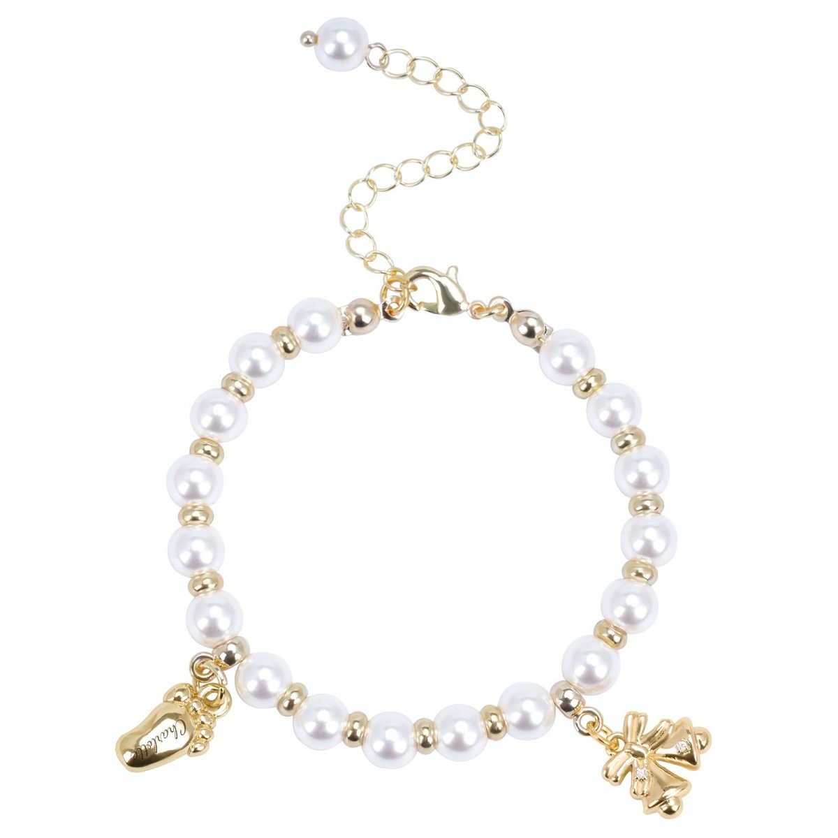Baby¡¯s First Christmas Pearl Name Bracelet ¨C Footprint Charm & Bell - Glaxias