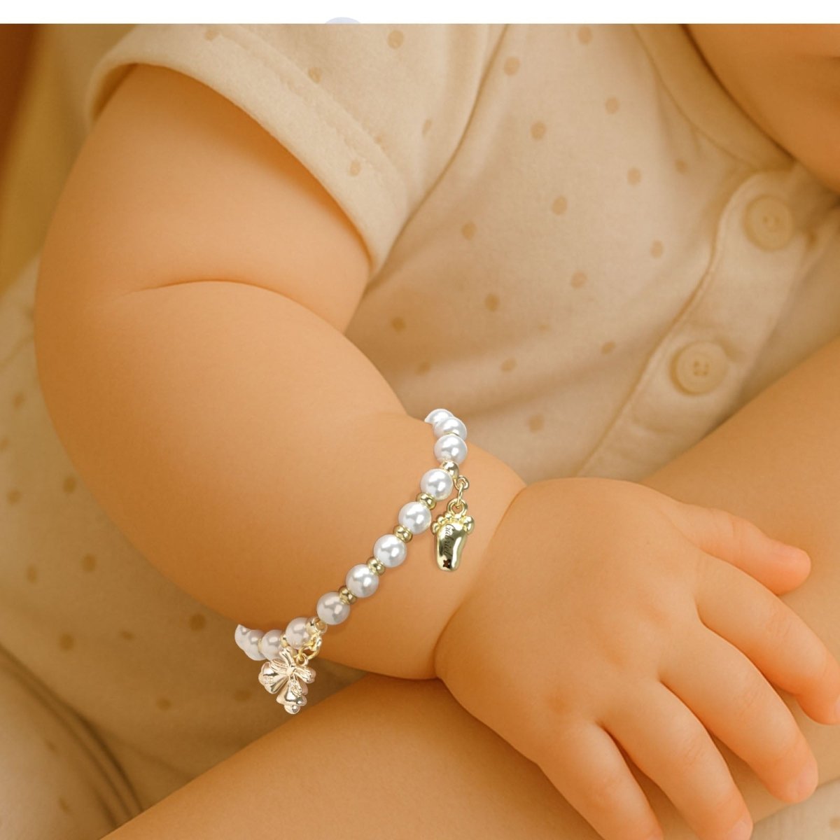 Baby¡¯s First Christmas Pearl Name Bracelet ¨C Footprint Charm & Bell - Glaxias