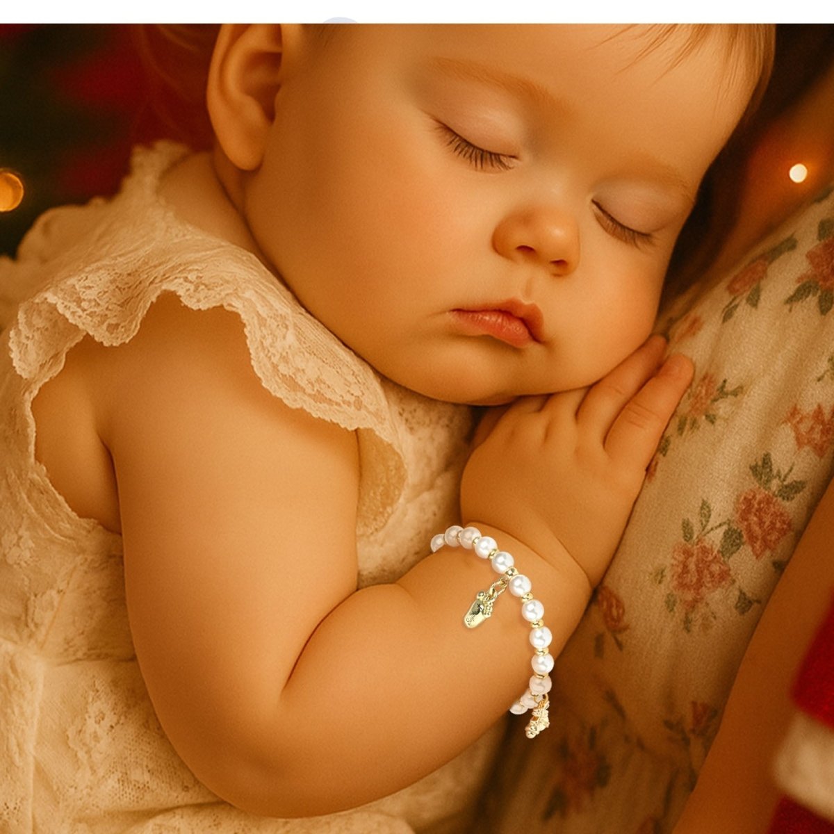 Baby¡¯s First Christmas Pearl Name Bracelet ¨C Footprint Charm & Bell - Glaxias