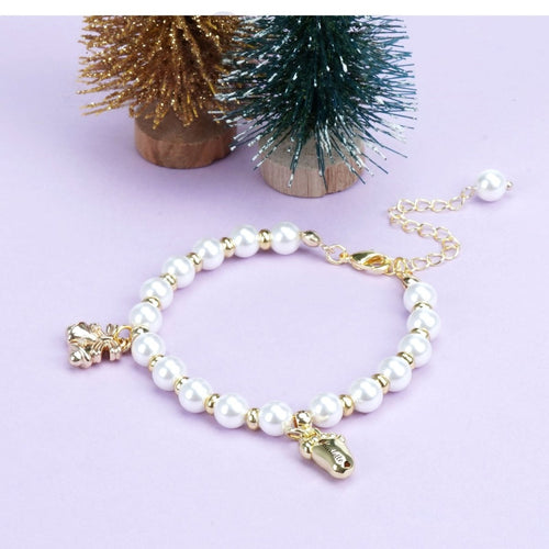 Baby¡¯s First Christmas Pearl Name Bracelet ¨C Footprint Charm & Bell - Glaxias