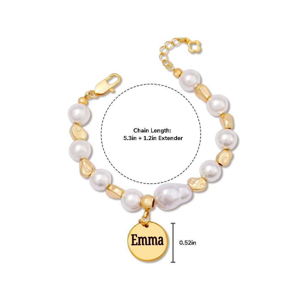 Baroque Pearl Engraved Name Disc Charm Girls Bracelet - Glaxias