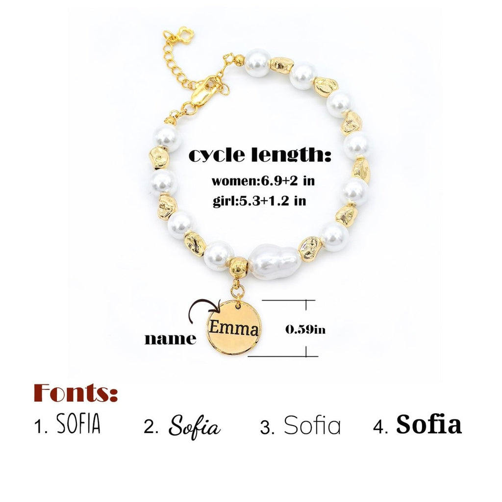 Baroque Pearl Engraved Name Disc Charm Girls Bracelet - Glaxias