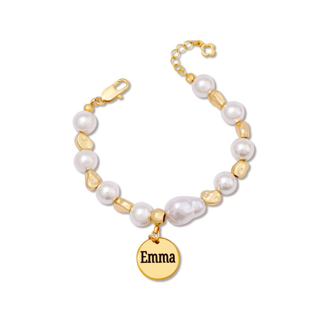 Baroque Pearl Engraved Name Disc Charm Girls Bracelet - Glaxias