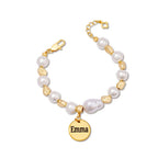Baroque Pearl Engraved Name Disc Charm Girls Bracelet - Glaxias
