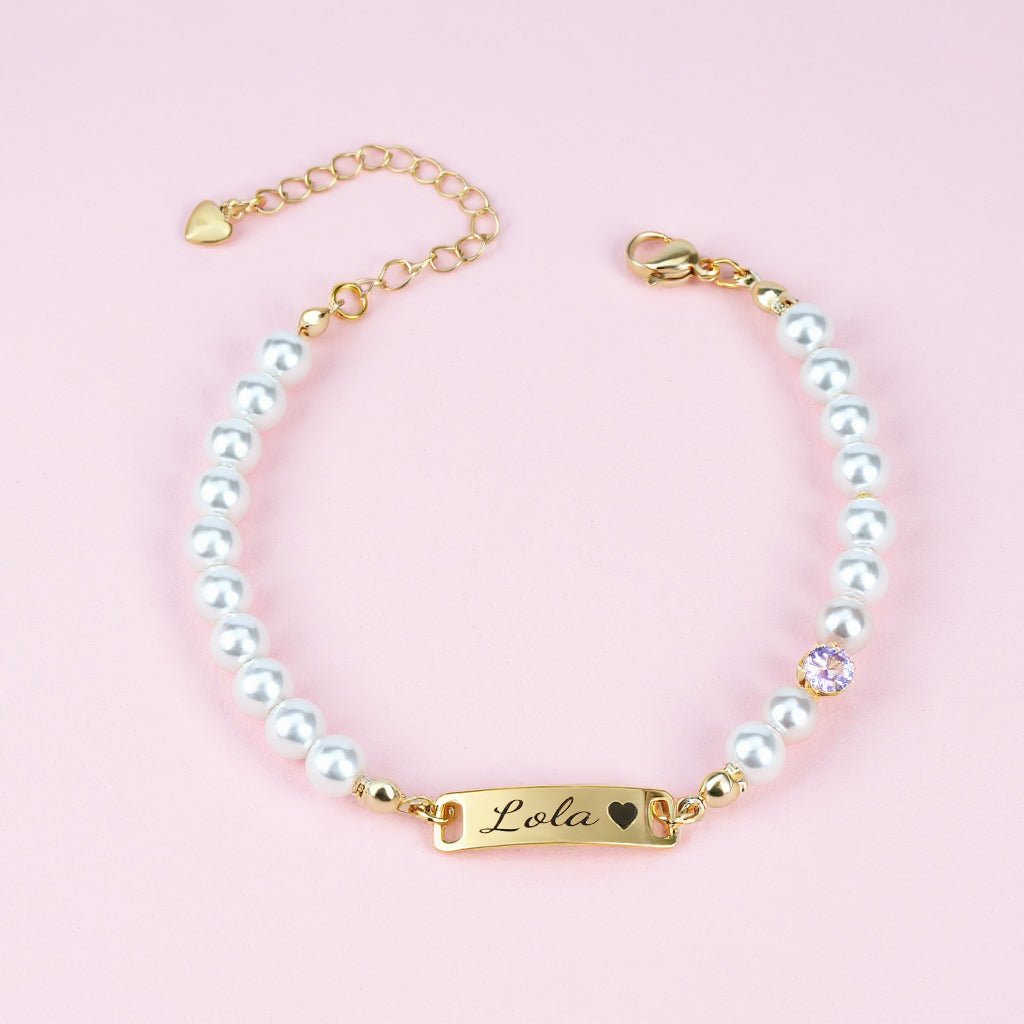 Custom Baby Name and Birthstone Pearl Bracelet - Glaxias