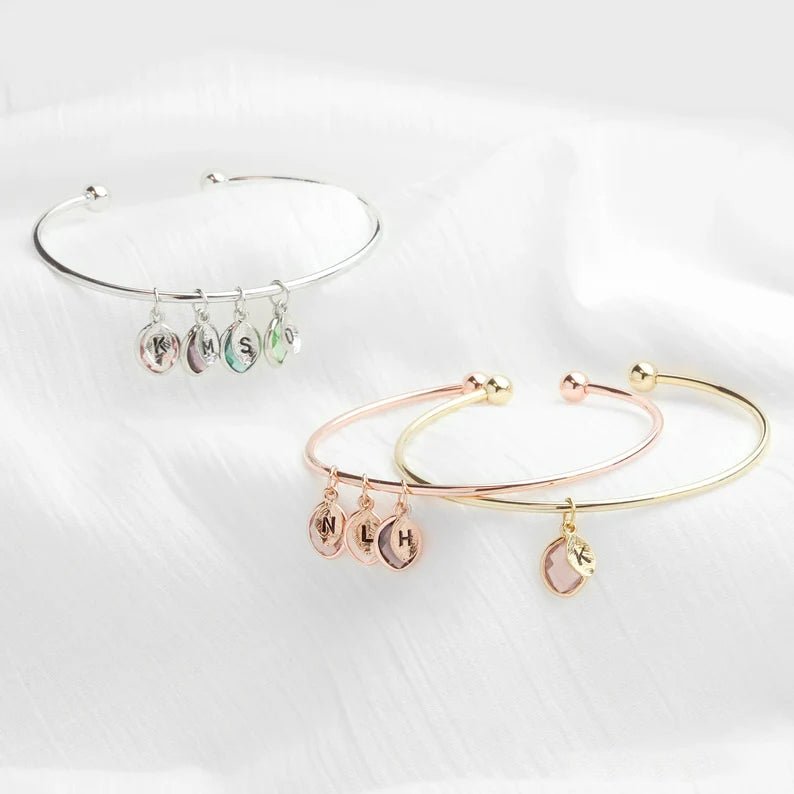 Custom Birthstone and Initial Leaf Charm Open Bracelet - Glaxias