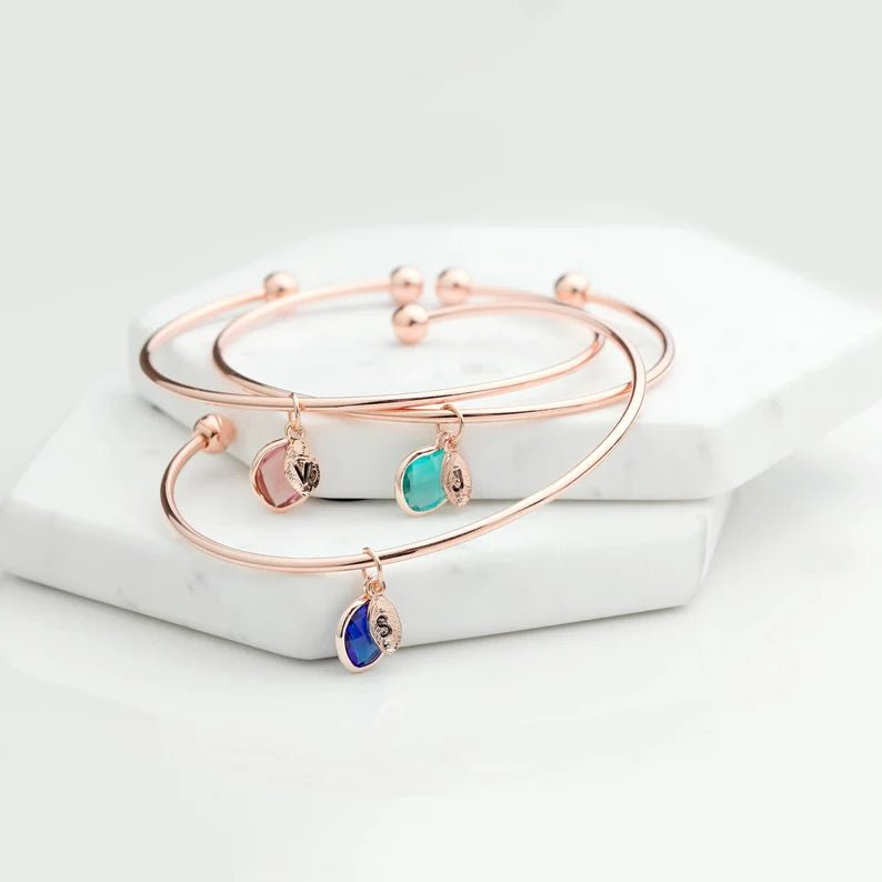 Custom Birthstone and Initial Leaf Charm Open Bracelet - Glaxias