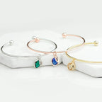 Custom Birthstone and Initial Leaf Charm Open Bracelet - Glaxias