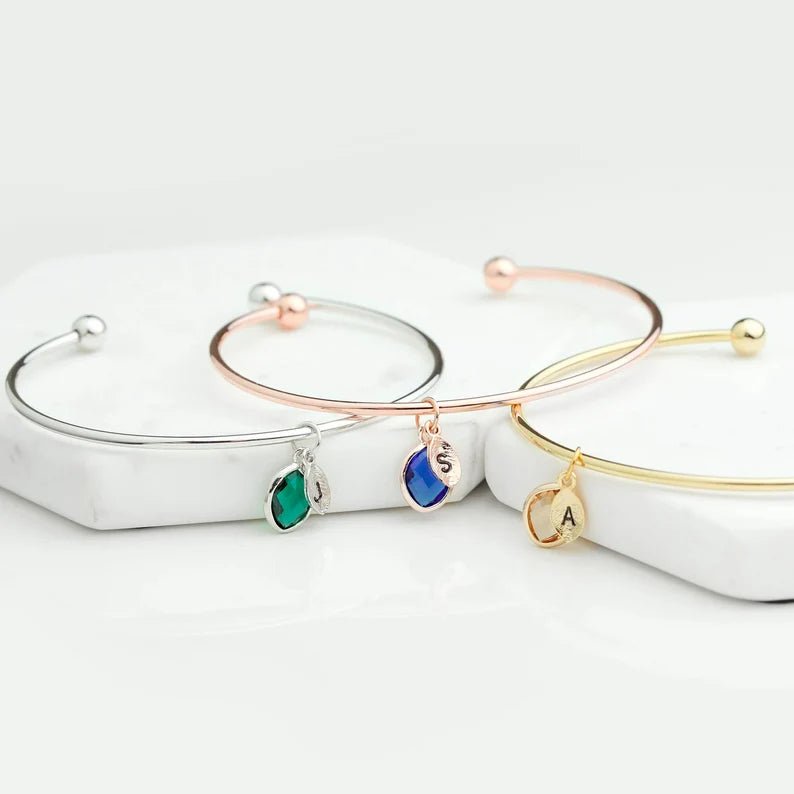 Custom Birthstone and Initial Leaf Charm Open Bracelet - Glaxias