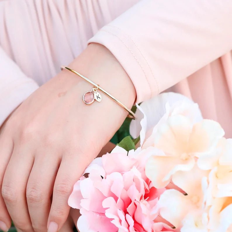 Custom Birthstone and Initial Leaf Charm Open Bracelet - Glaxias