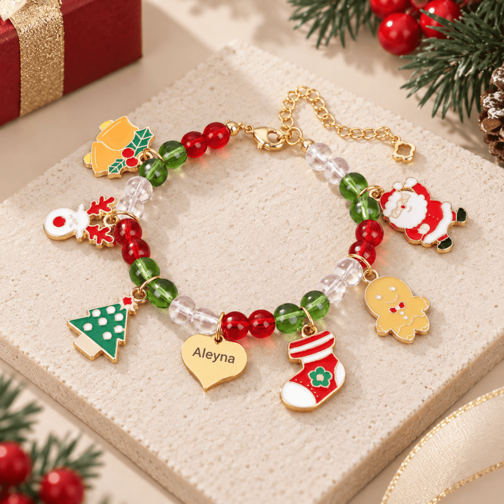 Custom Name Christmas Bracelet Santa Holiday Charms for Children - Glaxias