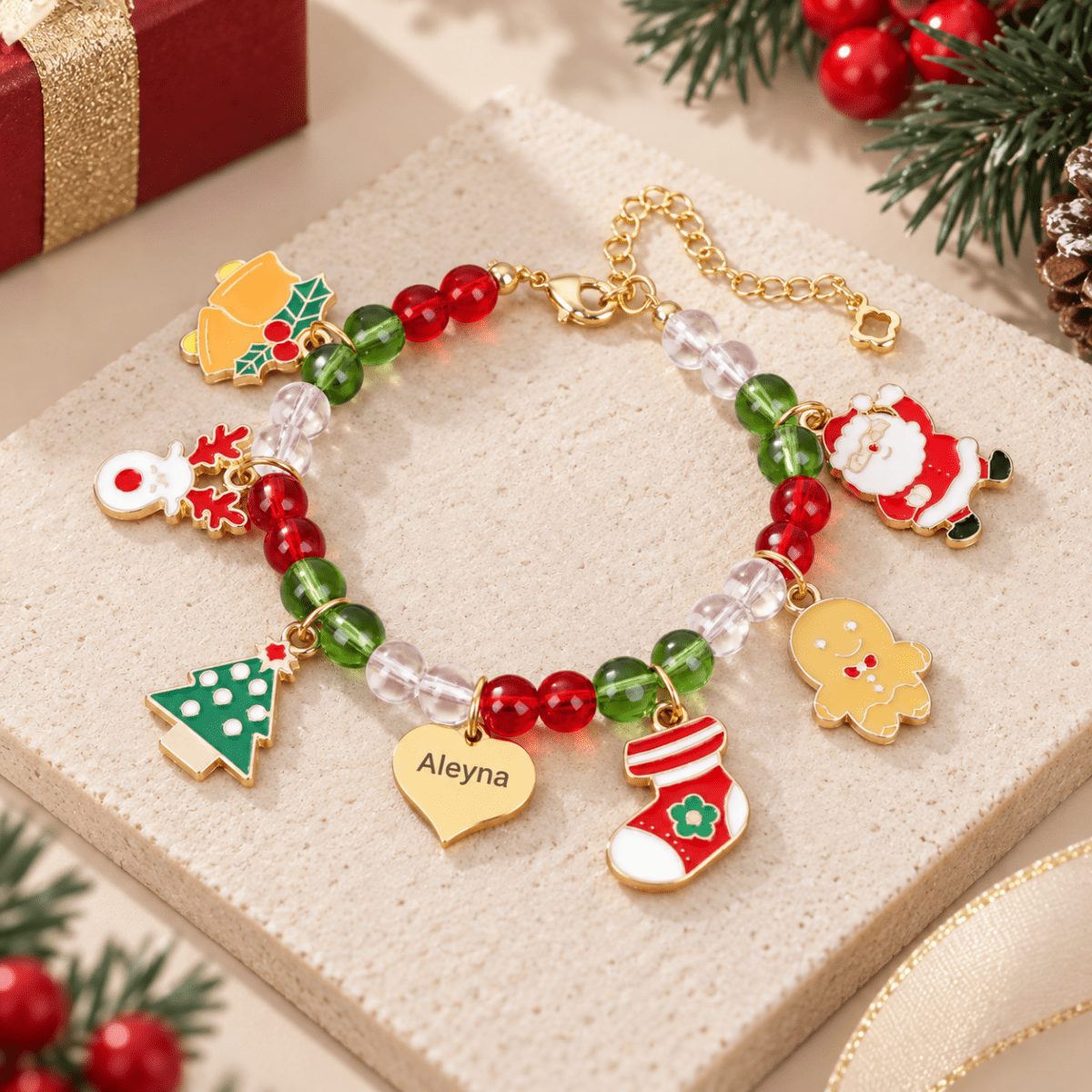 Custom Name Christmas Bracelet Santa Holiday Charms for Children - Glaxias
